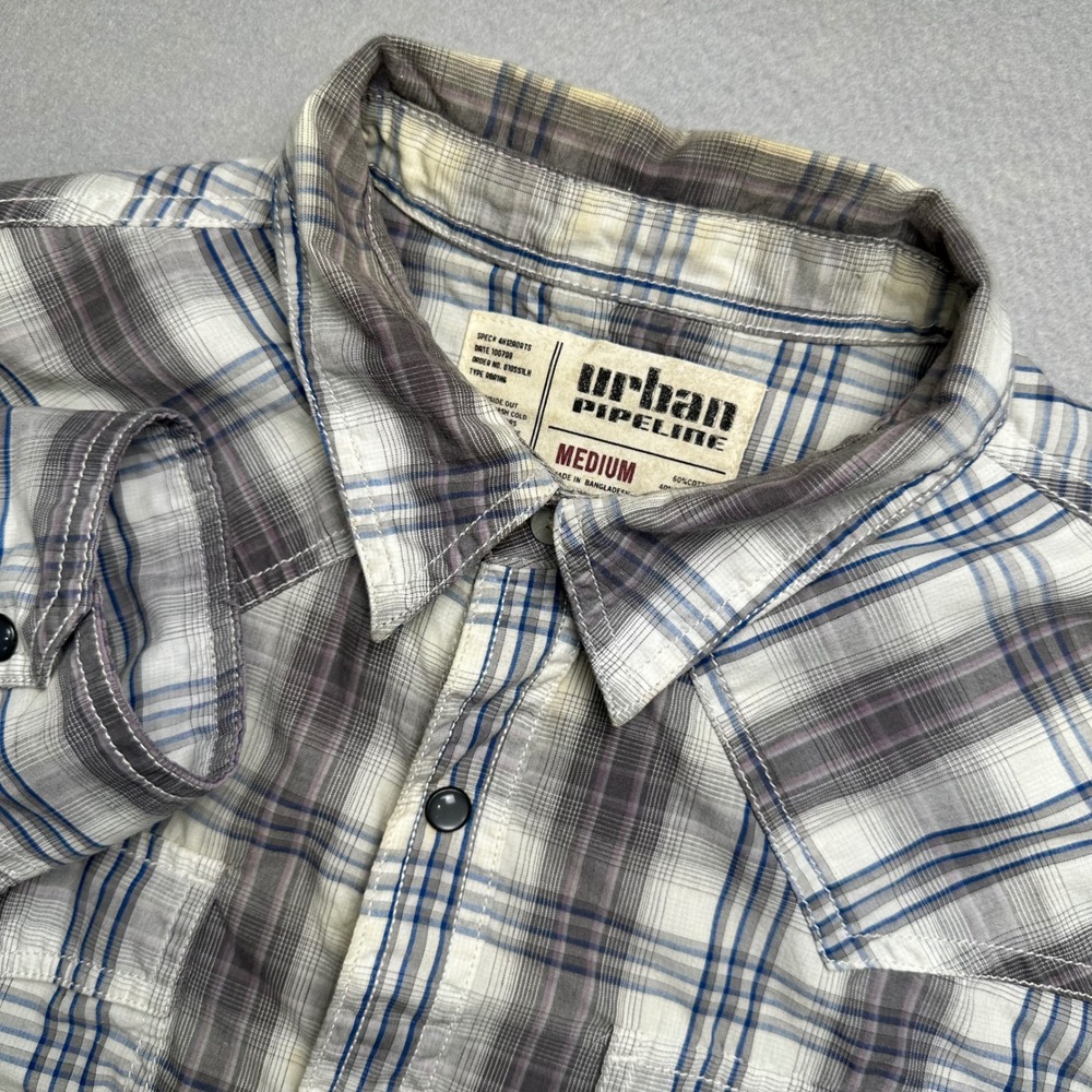 Urban Pipeline Western Snap Shirt Mens Medium Grey Blue Plaid Long Sleeve